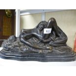 Erotic bronze model of two females on a stepped black base, signed 38cm x 19cm