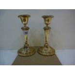 Pair of Edwardian silver candlicks with plain columns, reeded decoration, Birmingham 1906 approx