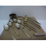 Small quantity of silver including 5 white coloured metal condiment spoons with coin bowls, money