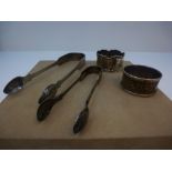 Pair of Victorian silver sugar tongs, pair of smaller silver sugar tongs and 2 silver serviette