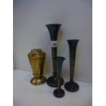 Set of 3 silver trumpet vases, larg 21cm tall, Birmingham 1979 and 1980 together with a silver sugar