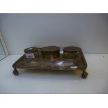 Edwardian silver presentation desk stand on claw and ball feet, fitted 2 glass inkwells and