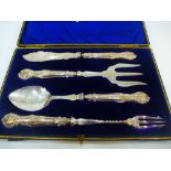 Cased set of condiment cutlery with silver handles, Sheffield 1905, inc pickle fork, preserve spoon,