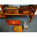 A white metal and leather box, a Sorrento Olivewood box and three others