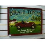 Framed and painted wooden Bugatti sign