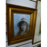 A continental oil portrait of young lady wearing hat, unsigned, 20.5 x 25.5cms