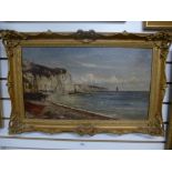 Gustave de Breanski, a 19th Century of coastline scene with figures and boats, signed, 59 x 33.5cms