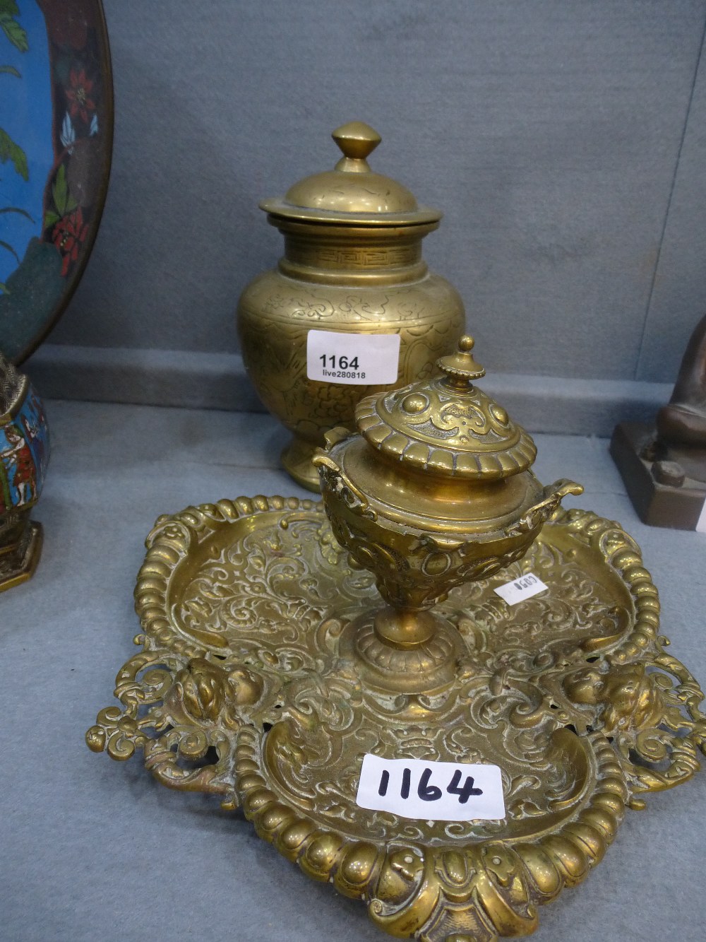 Old oriental covered brass vase & a brass inkwell with cherub stand A/F