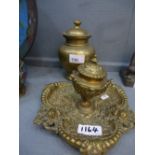 Old oriental covered brass vase & a brass inkwell with cherub stand A/F