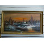 20th Century oil of a winter landscape, probably German, signed 99x49cm