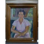 Mid 20th Century oil on canvas of seated lady, signed 51 x 68cm