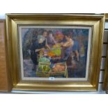 Neil Forster, an oil of ladies around fruit stall with seated cat, probably France, signed, 44 x