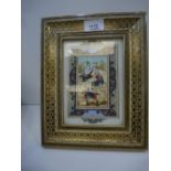 Persian painting on bone depicting polo players on horseback inlaid frame 20 X 25cm including frame