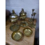 Two Oriental brass censers and other similar brassware