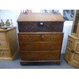 An 18th Century carved oak bible box with fitted interior on a later ch of drawers base 88cms