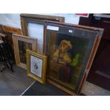 A chromolithograph of young girl busking, a large gilt frame and two other pictures