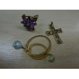 9ct Yellow gold and amethyst dress ring together with 2 9ct yellow gold stone set pendants, gross