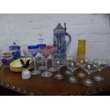 A set of six babycham glasses, a Poole vase, a German stein and Sundries