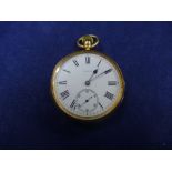 18ct yellow gold packet watch with white enamel face 11818, case stamped 18, makers mark A.F,back of