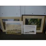 Watercolour of farm buildings by Denis Dellow, a watercolour of Bosham and 7 other watercolours, one