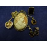 Collection of jewellery including a cameo shell brooch with silver and marcasite mount, silver