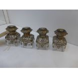 set of 4 clear glass scent bottles with white coloured metal overlaid decoration, mauve & gilded