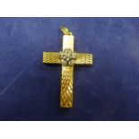 9ct yellow gold large cross pendant with bright cut decoration, central Tudor rose design inset with