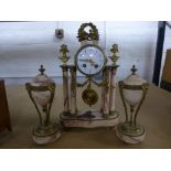 French marble clock garniture with gilt metal mounts, the clock, 39cms high