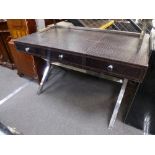 Brown faux leather crocodile leather three drawer desk on chrome X shaped supports 121cm