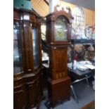 Antique mahogany longcase clock with brass dial and stamped H.Brown Bill, Leeds with painted