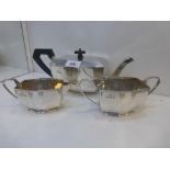 Art Deco three piece teaset comprising tea pot with ebony knob & handle, milk jug & sugar bowl