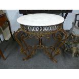 Vintage style circular garden table having white marble top, 65cm