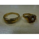 9ct Yellow gold dress ring set with central half pearl and other coloured stones, stamped 375 size