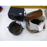 Leather box containing twin tab collars, a vintage camera and a copper pot