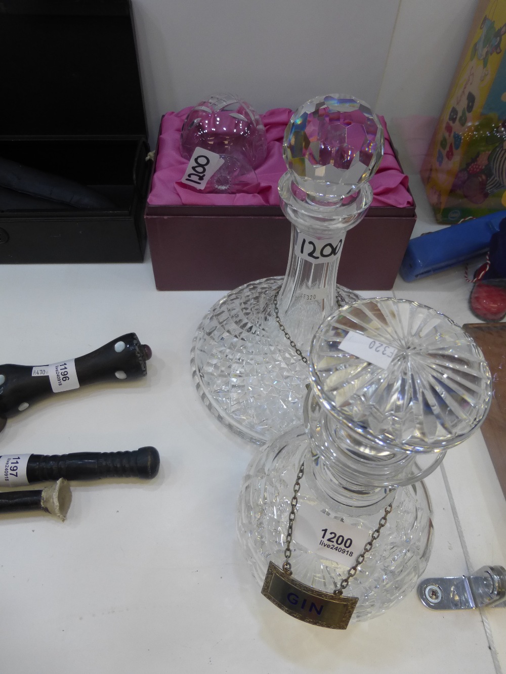 Two Cut Crystal Decanters and boxed set 2 glasses