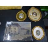 An oil of buildings by Grigg, 1930s and three modern portrait miniatures in gilt frames