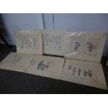 Set of 6 1920/30s satirical cartoons signed by Bonson, unframed