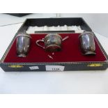 1960's silver 3 piece cruet set Birmingham 1967, Makers mark J.R for John Ross. 4.7 troy oz cased,