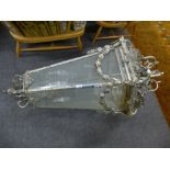 Large metal six glass lantern with ornate decoration, 132cm