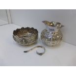 Indian white coloured metal sugar bowl & milk jug A/F, embossed with mythological creatures.