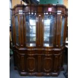 Reproduction inlaid mahogany bookcase with glazed top and cupboards below, 174cm