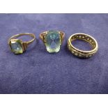 Rose coloured gold dress ring set with a pale blue coloured stone, possibly aquamarine, flanked