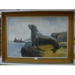 Richard Joicey; an oil of sea lions on rocky shoreline, 75 X 50cms.