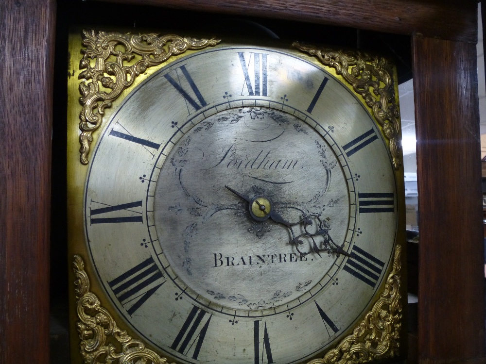 An antique oak longcase having 26cm brass dial by Fordham, Braintree, 30 hours - Image 2 of 2