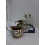 Selection of silver items including scent bottles, cup and a sugar bowl, approx 4 oz