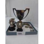 Four presentation cups and a selection of St Christopher medalions - all Hallmarked silver