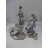 4 Lladro models incl, girl at a sink, boy with a dog, standing boy with a lamb and a group of ducks