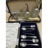 Quantity of silver and plated items including scent bottles, napkin rings, marrow scoops, teaspoons,