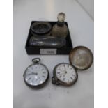 Small selection of silver items including 2 pocket watches and scent bottle A/F