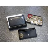 Small tray of vintage coins, watches, buttons etc and a cased Raybans and Chanel style purse